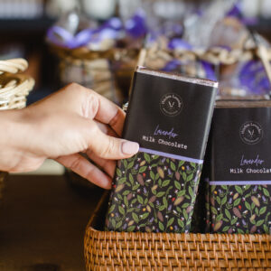Hitchin Lavender Milk Chocolate 90g bar in silver foil packaging